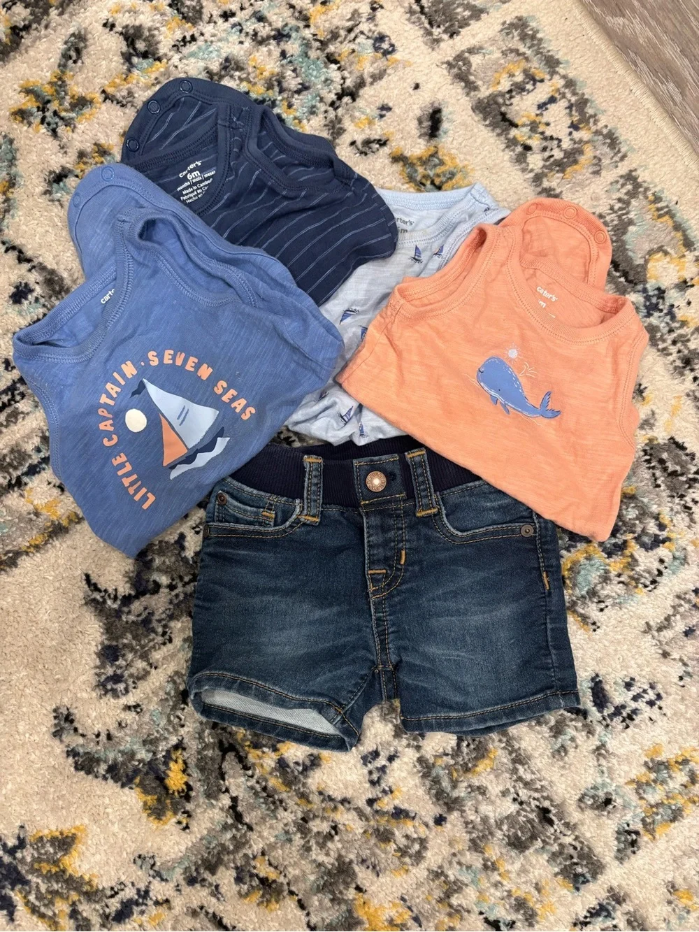 Carter's Navy, Light Blue, Sky Blue & Coral Tank Bodysuits with Jean shorts